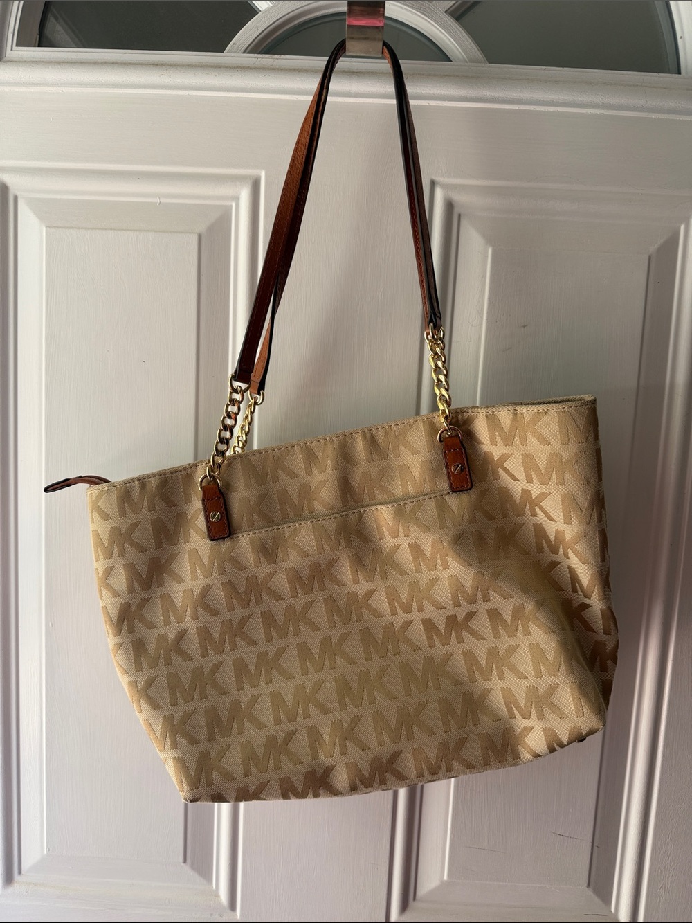 Michael Kors Beige MK Logo Tote with Brown Straps